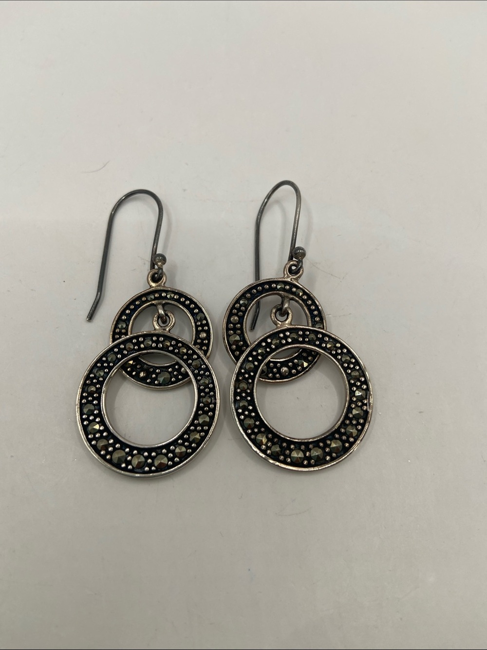 Suspicion Marcasite Sterling Silver 925 Double Hoop Dangle Earrings 2”L - Picture 8 of 9